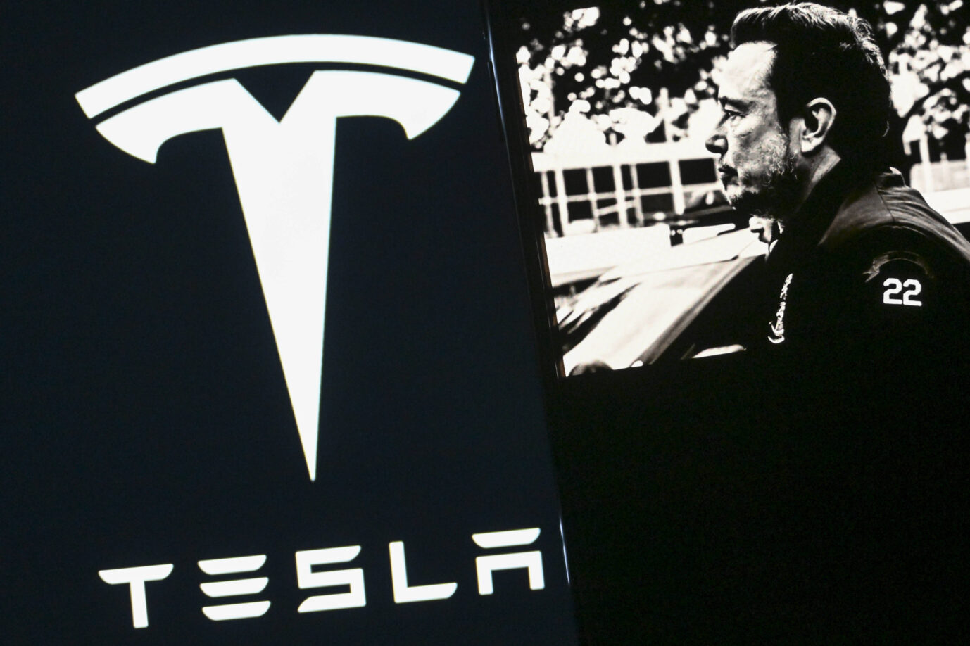 Das Bild zeigt das Tesla-Logo und Elon Musk.