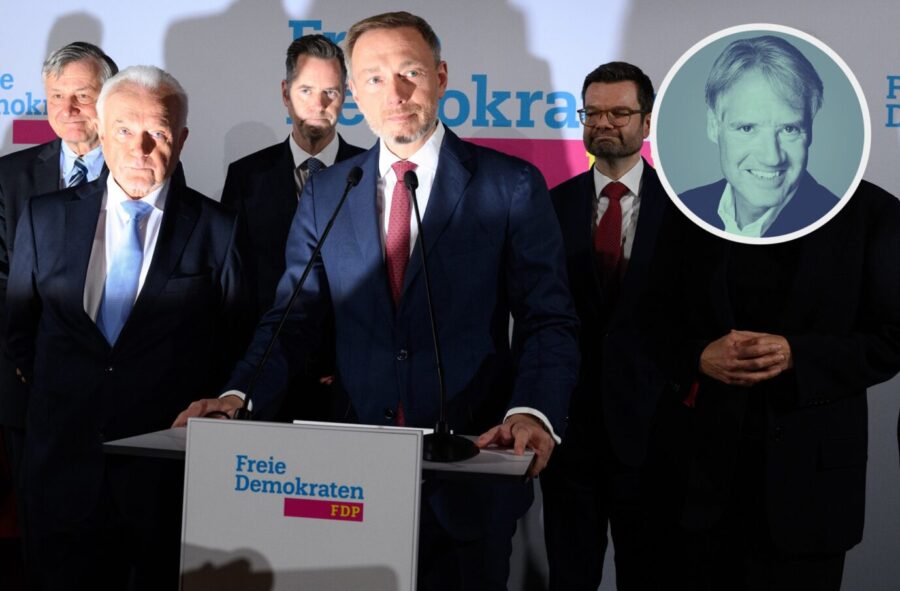 Abschiedsvorstellung der FDP: Wolfgang Kubicki, Christian Dürr, Christian Lindner und Marco Buschmann am Abend der Bundestagswahl.