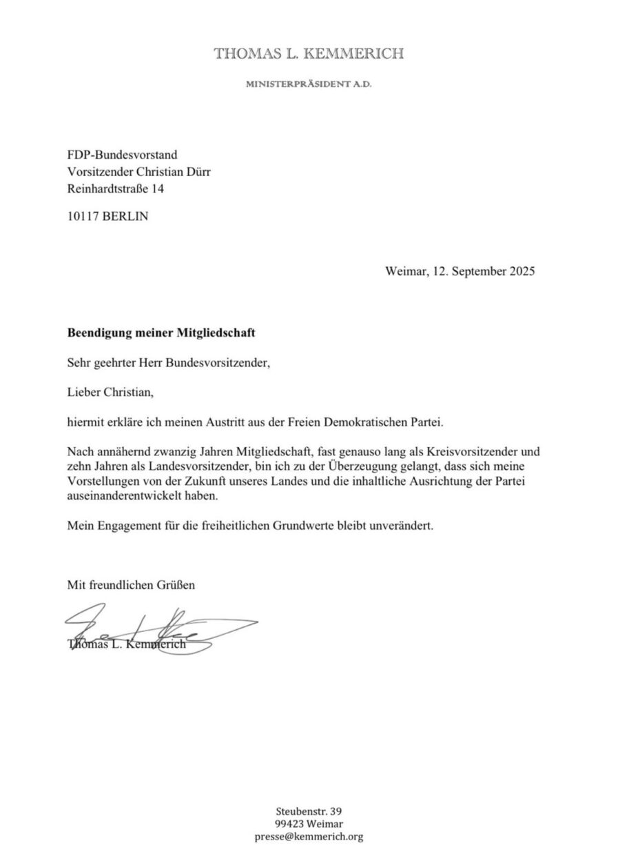 Thomas Kemmerichs Austrittsschreiben an FDP-Bundeschef Dürr. 