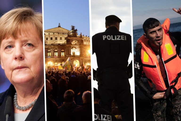 Merkel, Pegida, der Grenzschutz und die Migration: 2015 in Bildern. Fotos: picture alliance / AP Photo | Markus Schreiber / Sven Simon | Malte Ossowski/SVEN SIMON / dpa | Socrates Baltagiannis / HERBERT P. OCZERET / APA / picturedesk.com | HERBERT P. OCZERET