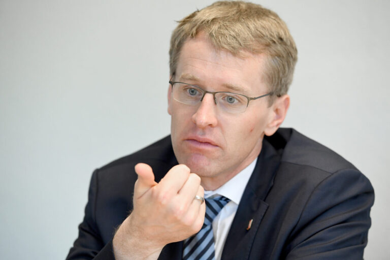 Daniel Günther (CDU) bei einer Pressekonferenz. Wirtschaftsexperten kritisieren den Personalüberhang im öffentlichen Dienst.