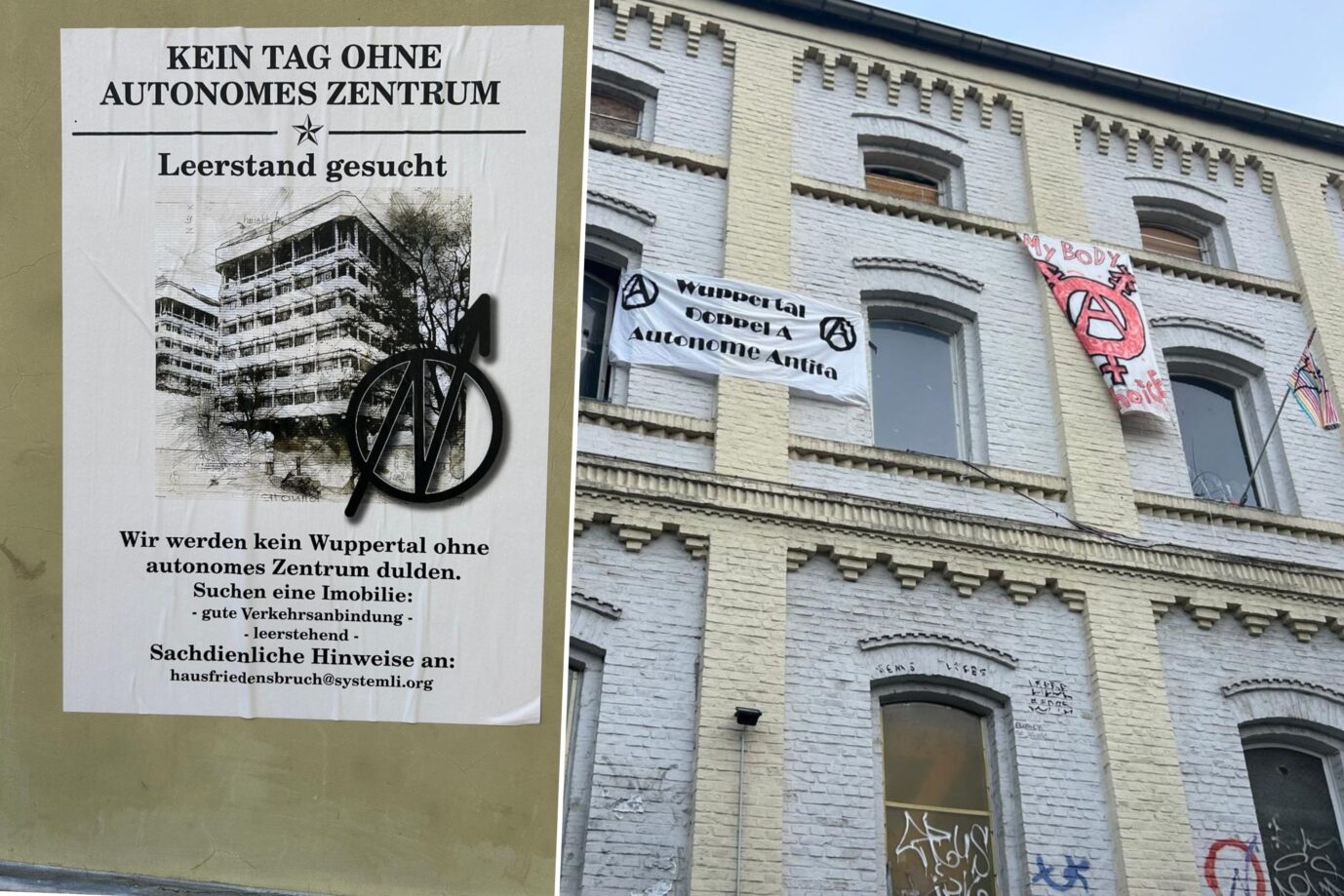Das Bild zeigt das Azutonome Zentrum Wuppertal und ein Plakat der Antifa.
