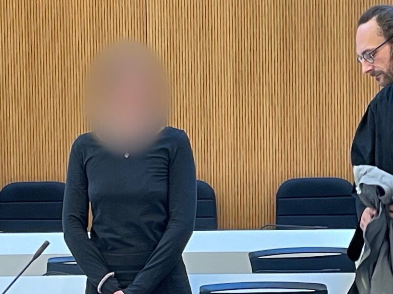 Eine Frau in schwarzer Kleidung steht neben ihrem Verteidiger in einem Gerichtssaal, im Hintergrund sind Holzwände und leere Stühle zu sehen. Gezeigt wird die Angeklagte Hanna S., die am Oberlandesgericht München wegen Beteiligung an Angriffen auf Rechtsextreme in Budapest zu fünf Jahren Haft verurteilt wurde. Die Angeklagte Hanna S. mit ihrem Verteidiger im Gerichtssaal: Das Oberlandesgericht München verurteilte die Linksextremistin zu fünf Jahren Haft. Foto: picture alliance/dpa | Alf Meier