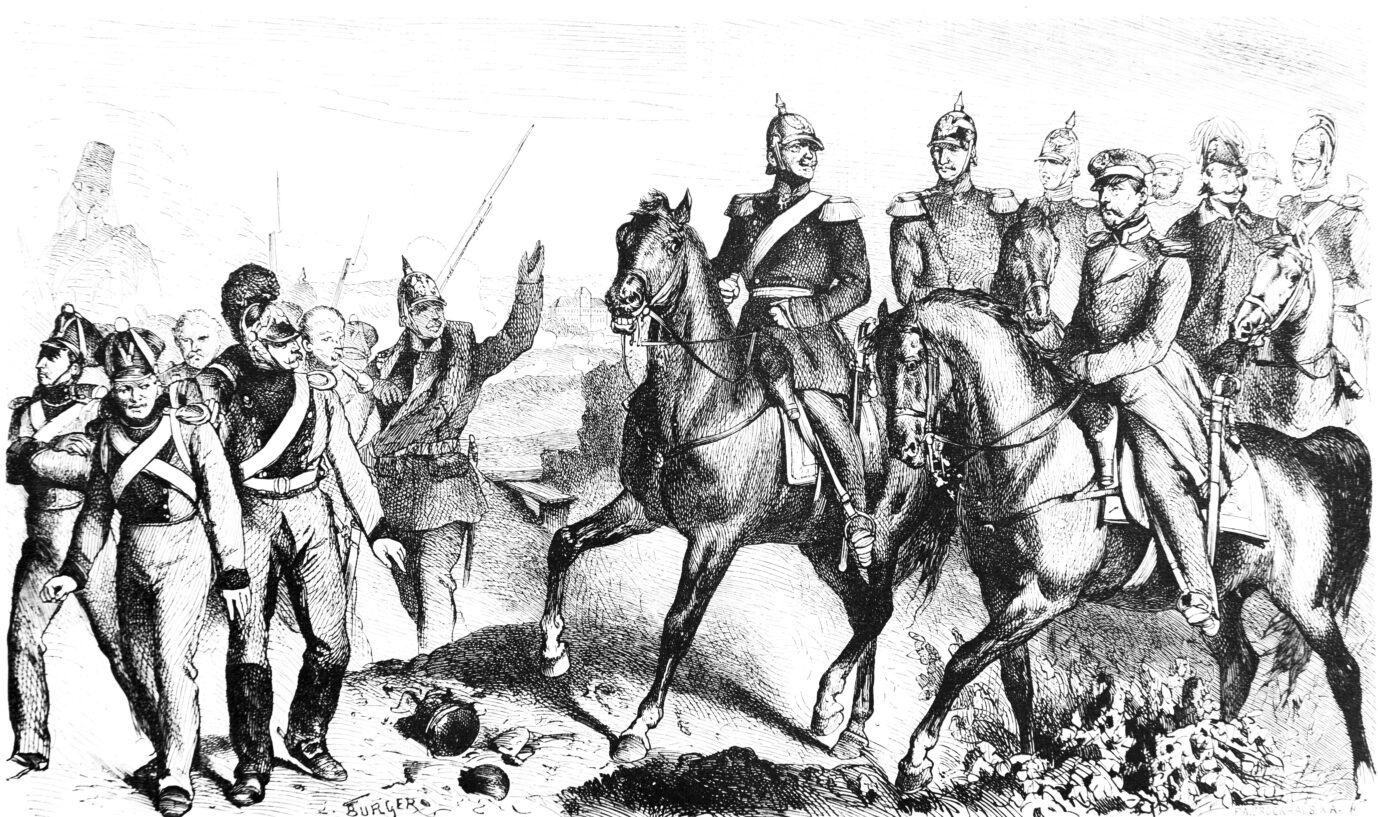 General von Wrangel zu Pferd in der Stadt Schleswig, Reiter, Soldaten, Waffen, Gewehre, Schwert, Pickelhauben, Uniform, Epauletten, Schloss Gottorf, Preussen, historische Illustration 1884. Die Kavallerie könnte in modernen Kriegen wieder wichtig werden.