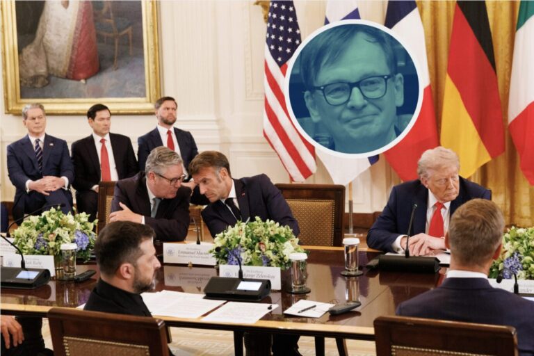 Im Weißen Haus sind unter anderem US-Präsident Donald Trump, Vize-US-Präsident J.D. Vance und mehrere Europa-Politiker wie Ursula von der Leyen und Emmanuel Macron zu sehen
