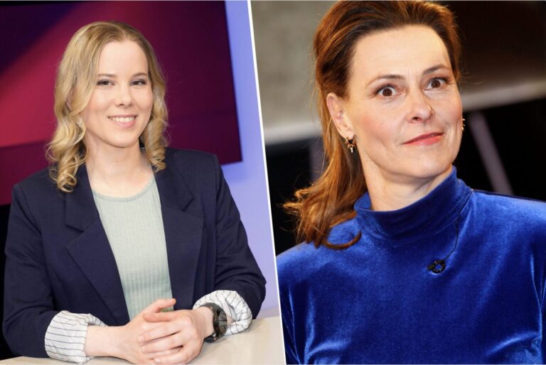Links sieht man eine blonde lächelnde Frau, es handelt sich um die ehemalige NDR-Moderatorin Julia Ruhs, rechts daneben sieht man eine aggressiv und wahnsinnig dreinblickende Schreckschraube namens ARD-Moderatorin Anja Reschke