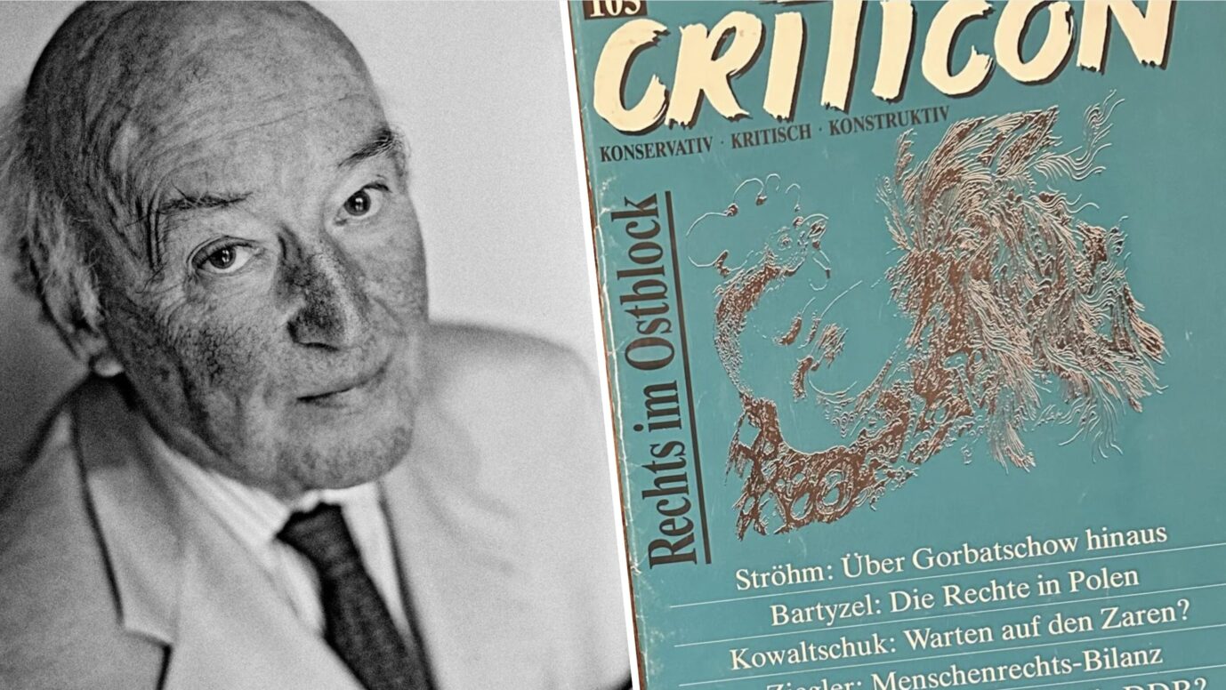 Links ist eine alte schwarz-weiße Fotografie des konservativen Publizisten Caspar von Schrenck-Notzing, daneben ist eine türkise Ausgabe des von ihm herausgegebenen Magazins Criticón – vom Februar 1988