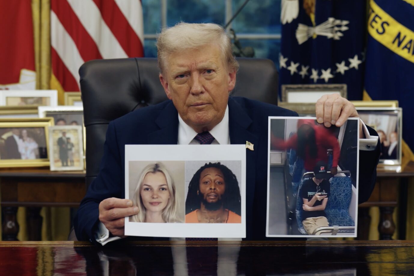 Donald Trump sitzt an einem Schreibtisch im Weißen Haus und hält zwei Fotos hoch. Links zeigt er eine Collage mit dem Porträt der ermordeten Ukrainerin Iryna Zarutska und dem Polizeifoto des Tatverdächtigen Decarlos Brown Jr. Rechts präsentiert er ein Bild aus einer Überwachungskamera, das den Angriff in einer Stadtbahn in Charlotte dokumentiert. US-Präsident hält ein Foto vom Mord an Iryna Zarutska in die Kamera: „Wir müssen ebenso brutal sein wie sie.“ Foto: Weißes Haus