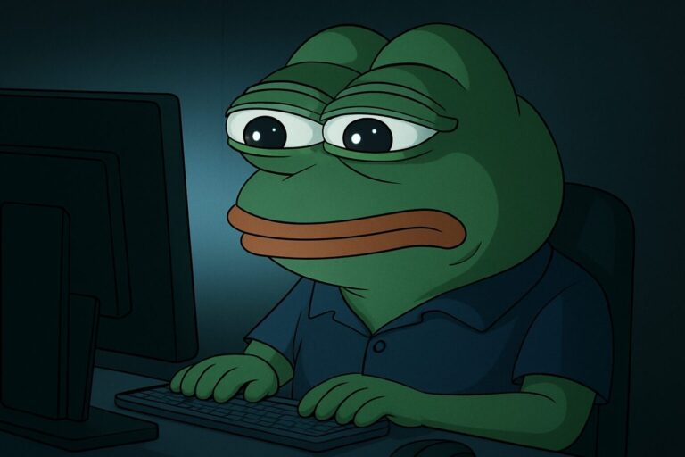 In einem abgedunkelten Raum sitzt Pepe der Frosch, ein beliebtes Netz-Meme, und nutzt einen Computer