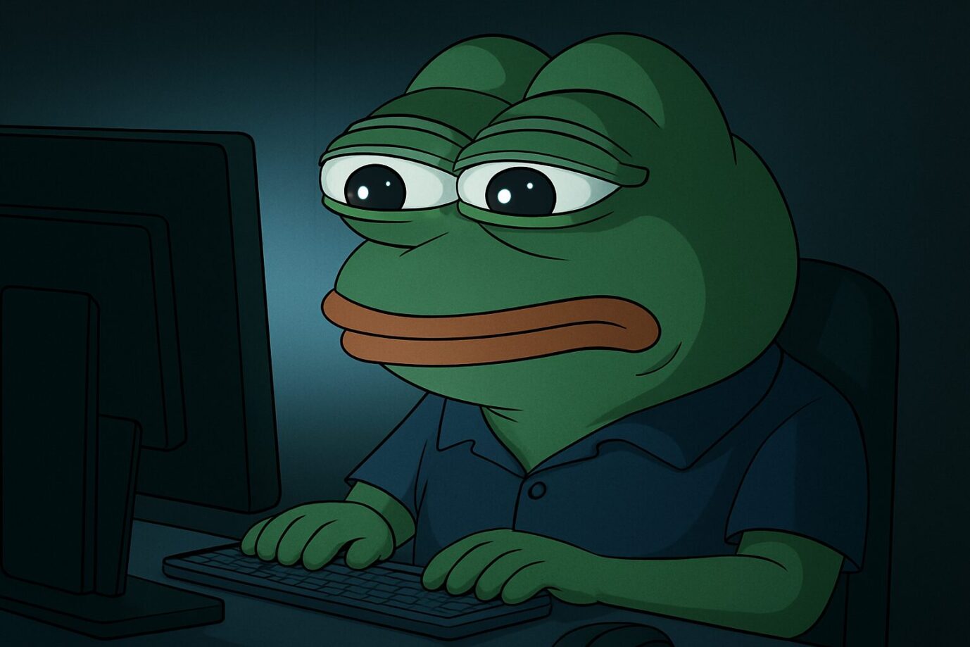 In einem abgedunkelten Raum sitzt Pepe der Frosch, ein beliebtes Netz-Meme, und nutzt einen Computer