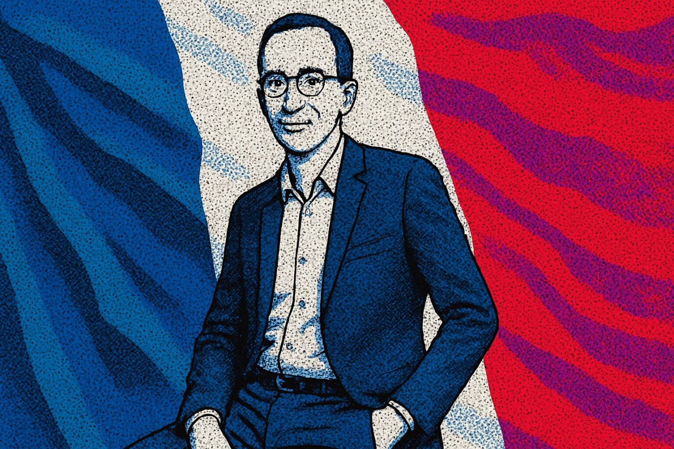 Auf einem Pop-Art artigen Bild ist der Unternehmer Pierre-Édouard Stérin zu sehen, der die französische Rechte unterstützt