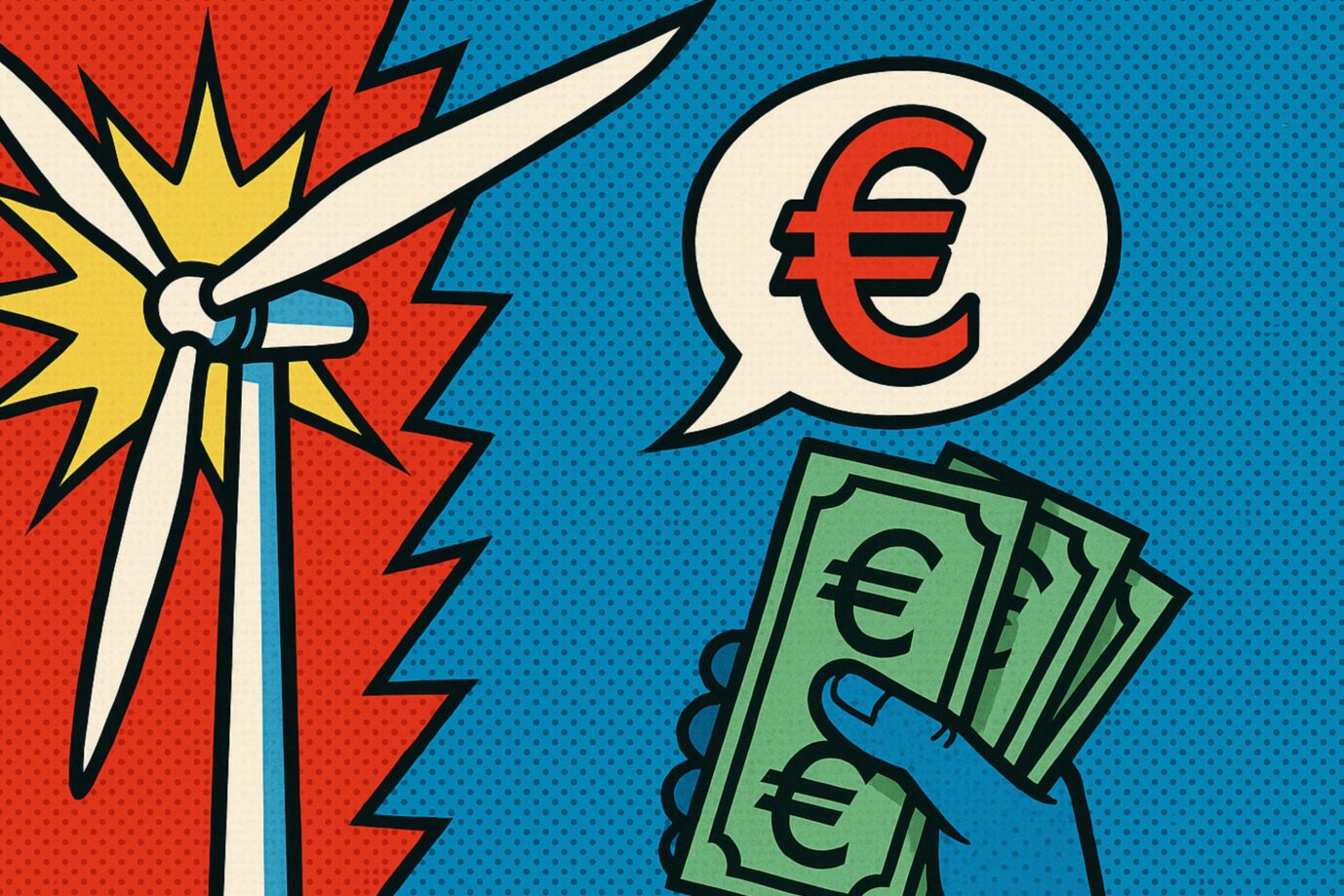 Die Grafik zeigt Euronoten und ein Windrad. Es ist ein Symbolbild dafür, daß die Klimapolitik Milliarden Euro kostet.