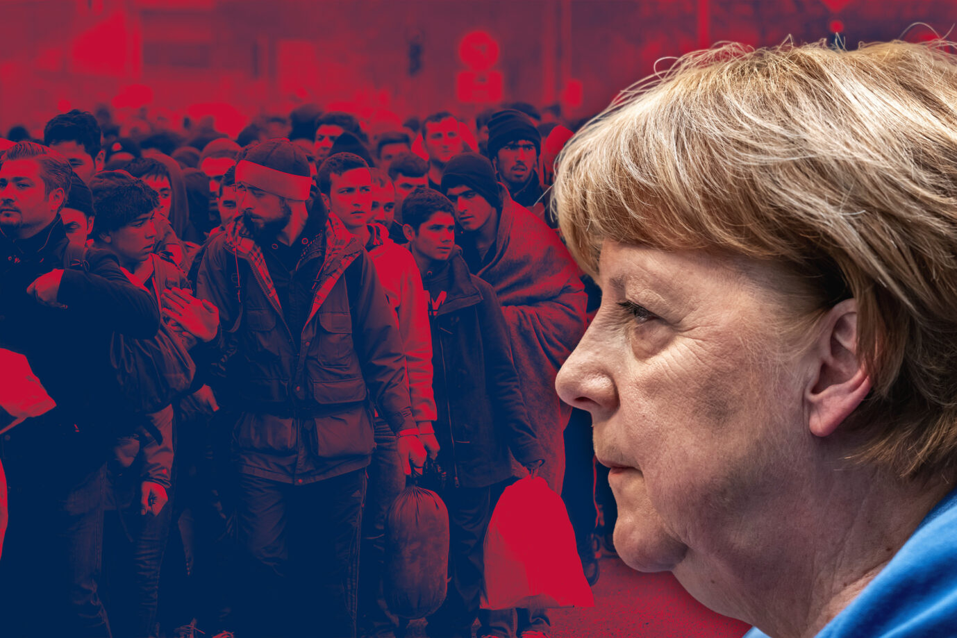 Angela Merkel vor Asylbewerbern: Ihr Wirken ist Thema eines JF-Schwerpunktes. Fotos: Picture Alliance /// Montage: JF Grenzöffnung