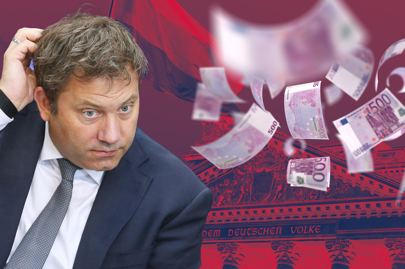 Finanzminister Lars Klingbeil (SPD) und regnende Geldscheine. Der Bundesrechnungshof rügt die Regierung.