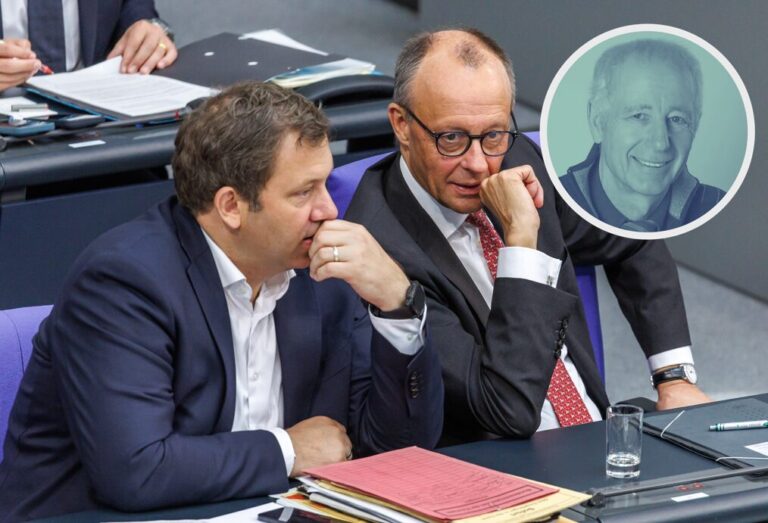 Verkehrspolitik ist nicht ihre Sache: Kanzler Friedrich Merz (CDU) (r.) und Finanzminister Lars Klingbeil (SPD) geben viel Geld aus, aber nicht für Straßen.