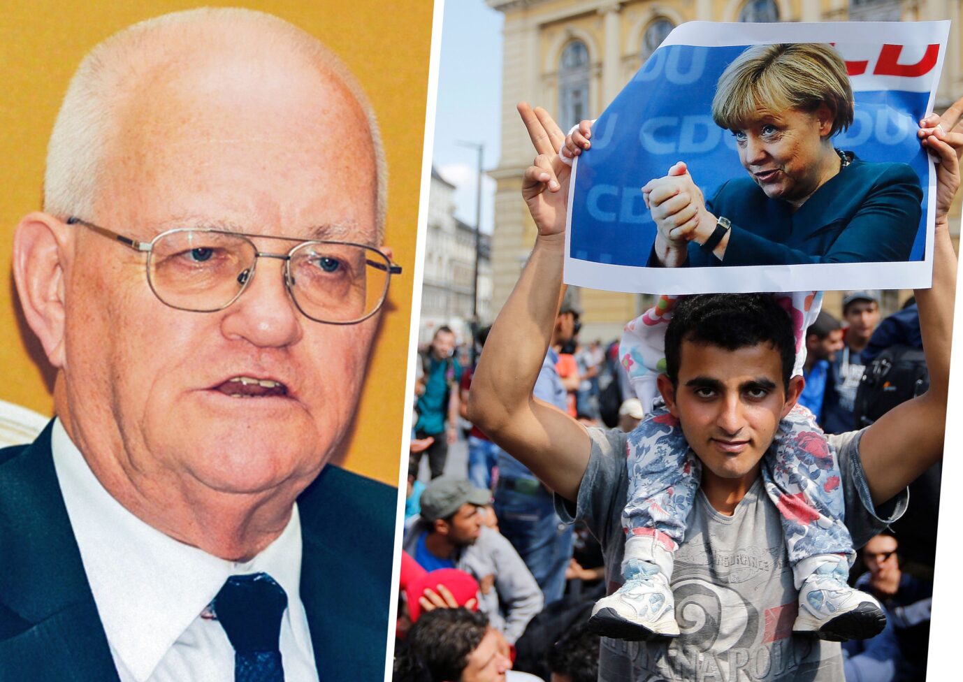 Bundesverfassungsrichter und Verfassungsrechtler Prof. Dr. Hans Hugo Klein, Migranten 2015 in Budapest, Ungarn. Foto: Privat & Picture Alliance/AP Photo, Frank Augstein