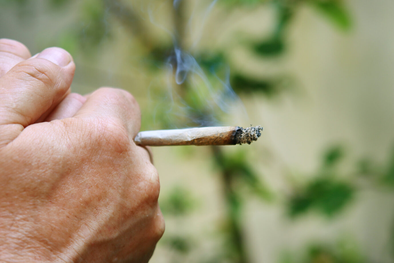 Eine Hand hält einen brennenden Joint, Rauch steigt auf. In Deutschland wurde Cannabis teilweise legalisiert, der Schwarzmarkt spielt aber weiterhin eine zentrale Rolle. Ein Mann hält einen brennenden Joint in der Hand: Cannabis bleibt trotz Teillegalisierung vor allem auf dem Schwarzmarkt erhältlich. Foto: IMAGO / blickwinkel