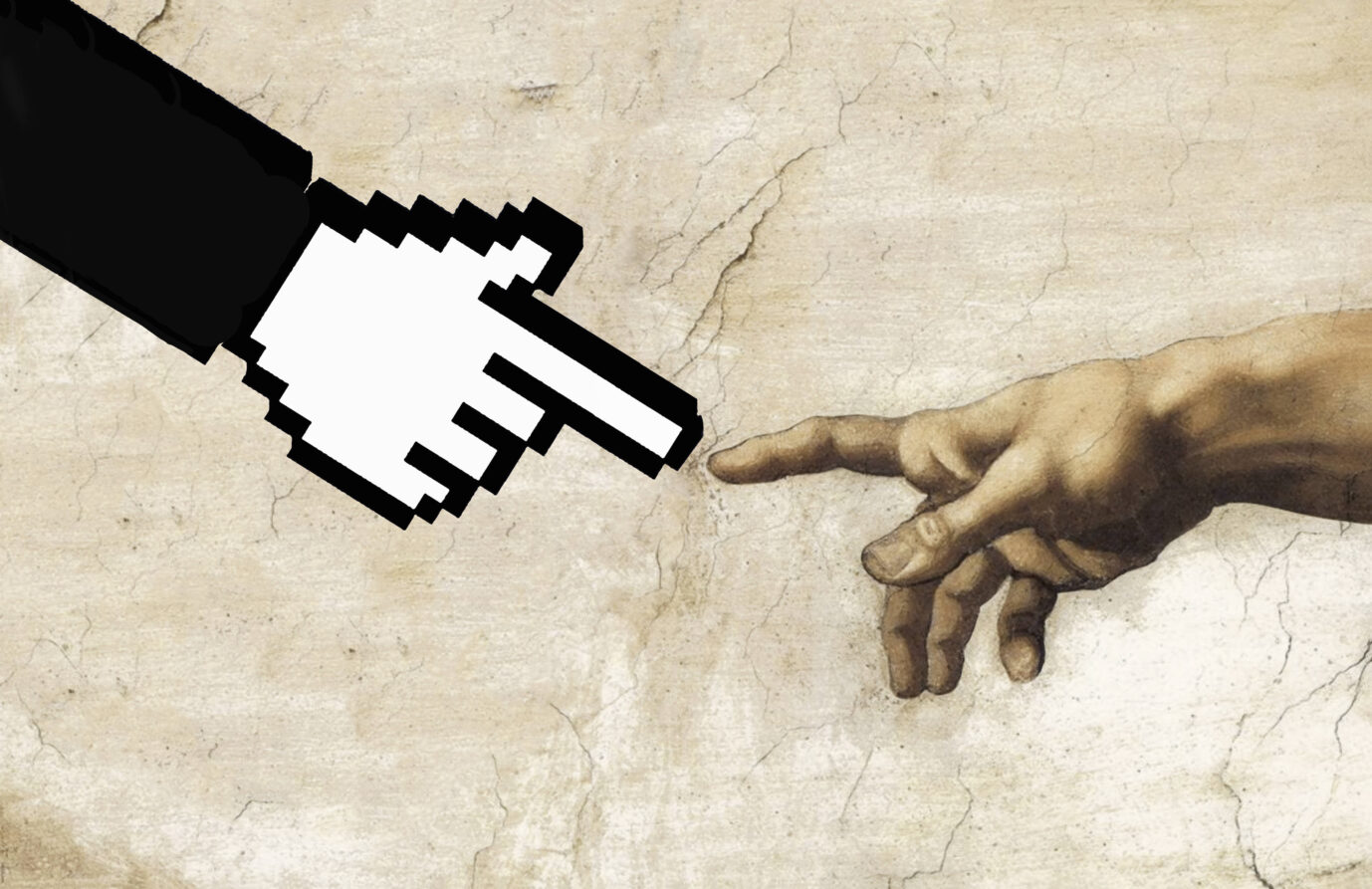 Eine Montage zeigt Michelangelos Fresko „Die Erschaffung Adams“, doch anstelle der göttlichen Hand erscheint ein digitaler Cursor in Pixel-Optik. Gegenüber streckt sich die menschliche Hand Adams aus. Das Bild spielt mit der Idee, dass KI die Rolle des Werkmeisters übernimmt. Die Maschine als Gott: Wird KI das letzte Werkzeug des Menschen?
