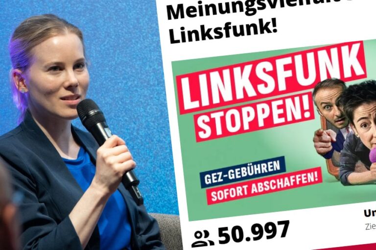 Links sitzt die ehemalige NDR-Moderatorin Julia Ruhs und spricht in ein Mikro, daneben sieht man einen Screenshot der JF-Petition