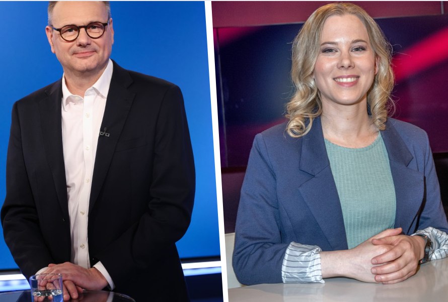 Links ist der r neue NDR-Intendant Hendrik Lünenborg und grinst etwas seltsam, rechts sieht man die ehemalige NDR-Moderatorin Julia Ruhs, die hingegen putzig lächelt