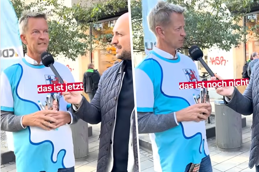 Hier sieht man Düsseldorfs Bürgermeister Josef Hinkel (CDU, wie er in ein JF-Mikrofon spricht und den Rückgang der Migration bedauert