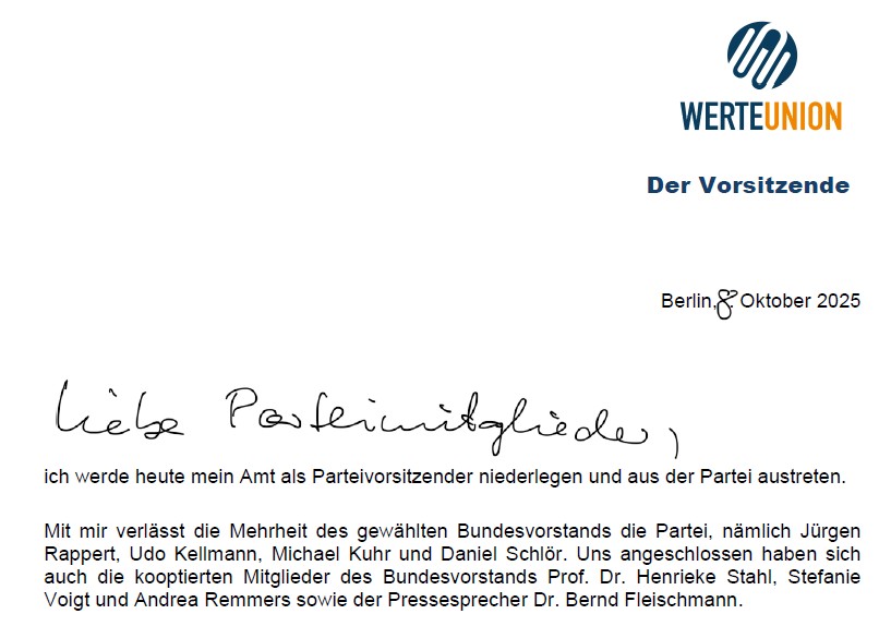 Ausriß aus dem Brief Hans-Georg Maaßens, in dem er seinen Austritt ankündigt. Screenshot: JF