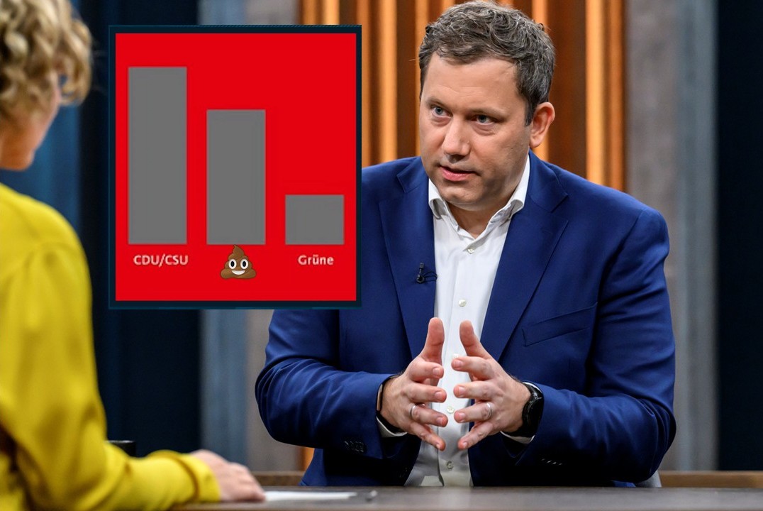 SPD-Chef Lars Klingbeil mußte sich in der ARD-Talkshow „Caren Miosga“ erklären, warum sein Generalsekretär die AfD als Kothaufen darstellt.