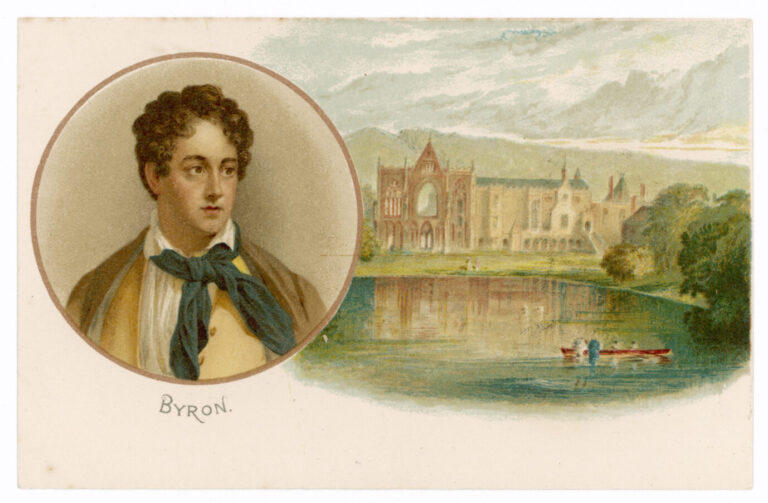 Auf einer in zarten Pastellfarben gezeichneten Postkarte wird der britische Dichter Lord Byron abgebildet