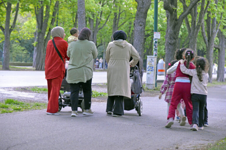 Mehrere Frauen gehen gemeinsam mit Kindern und Kinderwagen auf einem Weg durch einen baumbestandenen Park. Einige der Frauen tragen Kopftücher, die Kinder laufen nebeneinander her. Im Hintergrund sind weitere Spaziergänger und Bäume zu sehen. Frauen mit Kindern in einem Park: Die meisten Haushalte mit besonders hohen Sozialleistungen sind Ausländerhaushalte. Foto: picture alliance / Willfried Gredler-Oxenbauer / picturedesk.com | Willfried Gredler-Oxenbauer