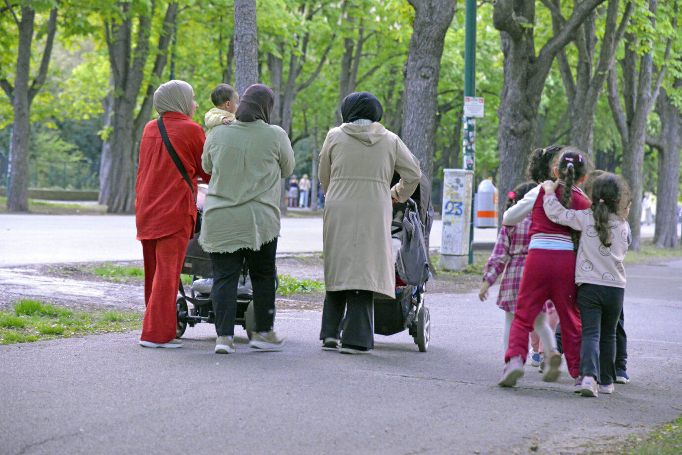 Mehrere Frauen gehen gemeinsam mit Kindern und Kinderwagen auf einem Weg durch einen baumbestandenen Park. Einige der Frauen tragen Kopftücher, die Kinder laufen nebeneinander her. Im Hintergrund sind weitere Spaziergänger und Bäume zu sehen. Frauen mit Kindern in einem Park: Die meisten Haushalte mit besonders hohen Sozialleistungen sind Ausländerhaushalte. Foto: picture alliance / Willfried Gredler-Oxenbauer / picturedesk.com | Willfried Gredler-Oxenbauer
