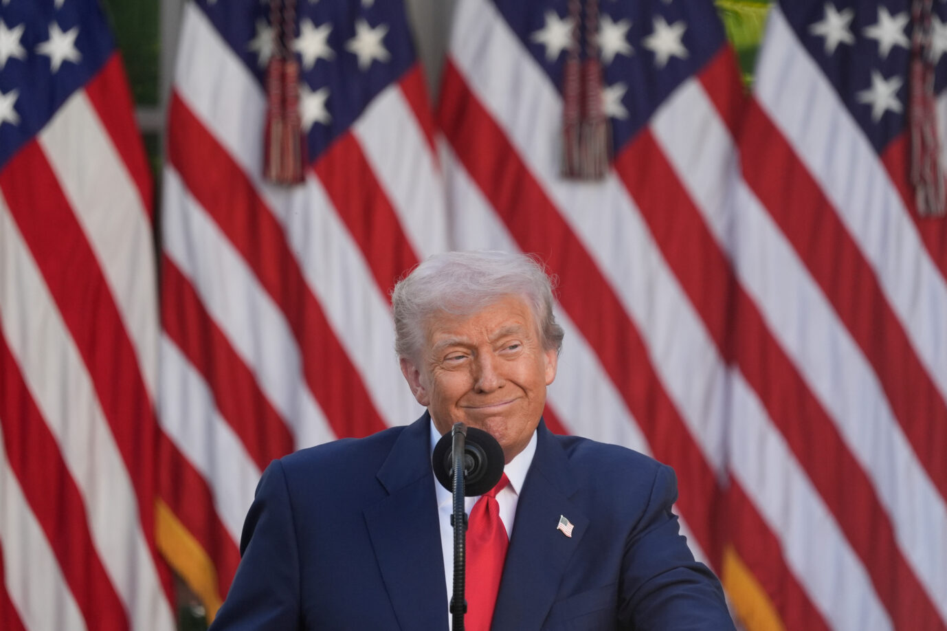 Donald Trump steht am Rednerpult vor einer Reihe amerikanischer Flaggen, lächelt leicht und trägt einen dunkelblauen Anzug mit roter Krawatte; das Bild zeigt ihn bei einer Ansprache im Rosengarten des Weißen Hauses. Kontext: Symbolbild zu Trumps gegenwärtiger Handelspolitik und seinem Stil der „rationalen Irrationalität“. Donald Trump während einer Rede im Rosengarten des Weißen Hauses: Der US-Präsident setzt im Welthandel auf Druck und Unberechenbarkeit. Foto: picture alliance / ASSOCIATED PRESS | Alex Brandon