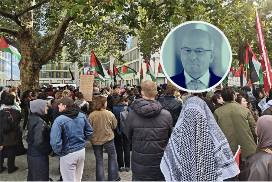 Pro-palästinensische Demonstranten in Berlin, mit Flaggen und Palituch – Rainer Wendt, dessen Konterfei über dem bild schwebt, fragt, ob solche Leute wirklich die deutsche Staatsbürgerschaft erhalten dürfen