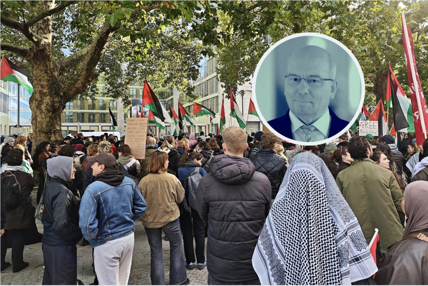 Pro-palästinensische Demonstranten in Berlin, mit Flaggen und Palituch – Rainer Wendt, dessen Konterfei über dem bild schwebt, fragt, ob solche Leute wirklich die deutsche Staatsbürgerschaft erhalten dürfen