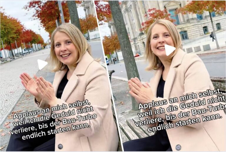 man sieht Bundesbauministerin Verena Hubertz (SPD) auf einer Bank sitzen und sich selbst applaudieren