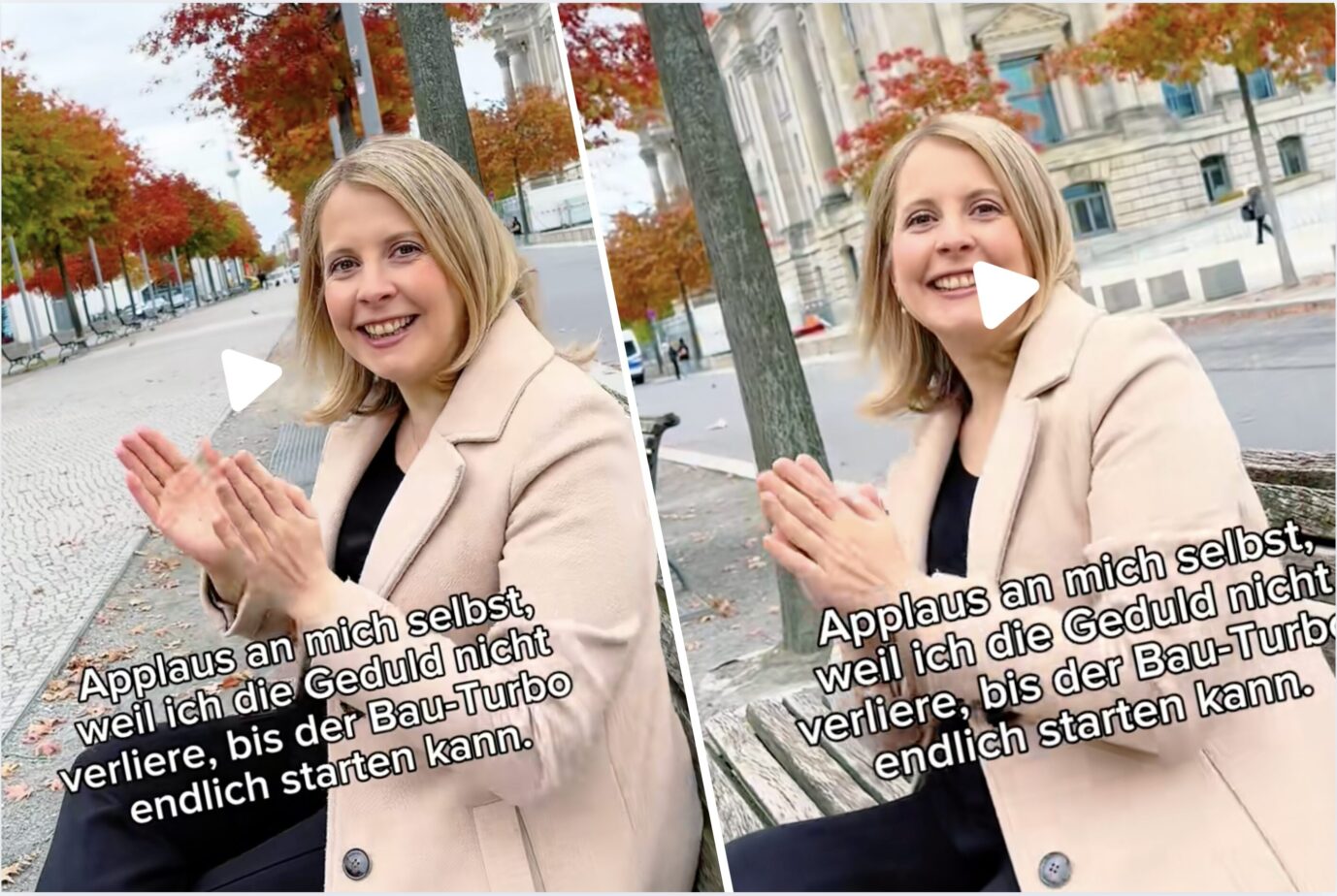 man sieht Bundesbauministerin Verena Hubertz (SPD) auf einer Bank sitzen und sich selbst applaudieren