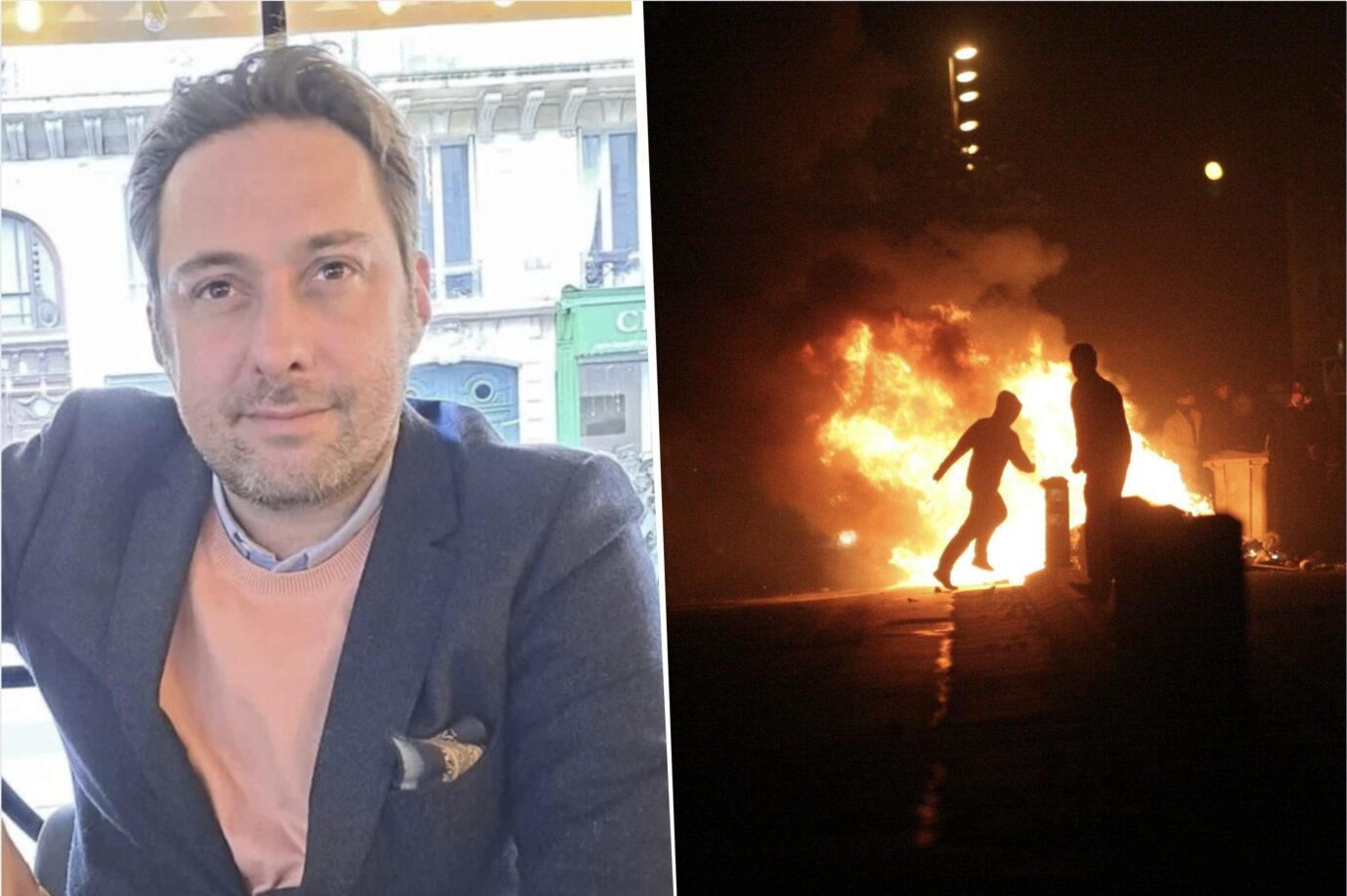 Links sieht man den sehr französisch aussehenden Journalisten und Sicherheitsberater Gabriel Robin, daneben sieht man junge Migranten in Frankreich, die während der Unruhen von 2005 gerade ein Auto in Brand setzen