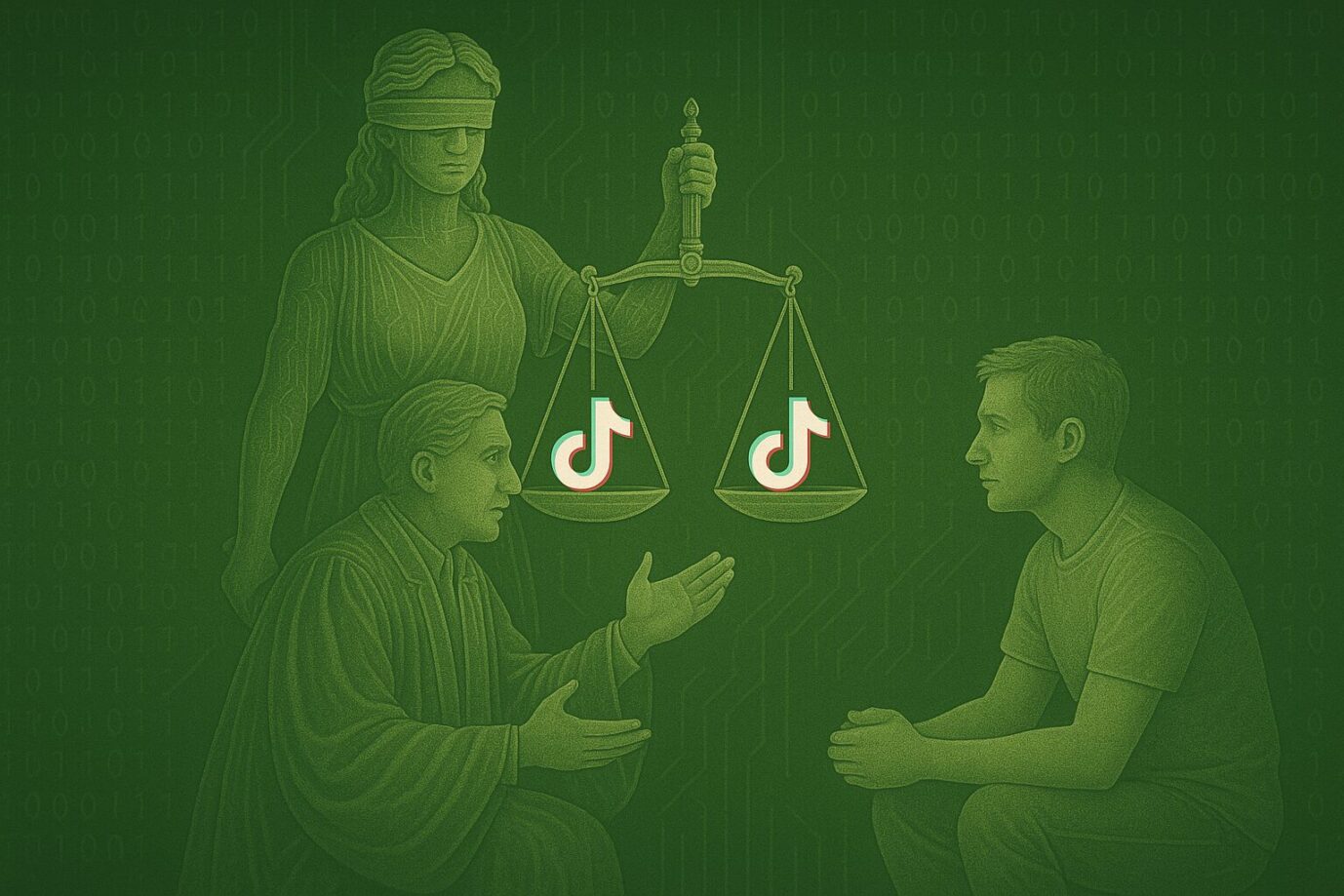 Eine digital aussehende Justizia mit TikTok-Symbolen auf ihrer Waage steht vor zwei Männern, einer davon Richter, die über Jura und Recht sprechen