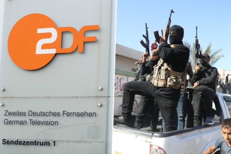 Das Bild zeigt ein Schild vor dem ZDF-Hauptsitz in Mainz, sowie Hamas-Terroristen im Gazastreifen.