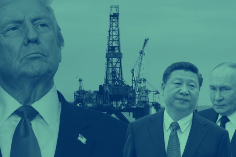 Die Grafik zeigt Donald Trump, Xi Jinping und Wladimir Putin vor einer Bohrinsel. Es ist ein Symbolbild für Rohstoffe.