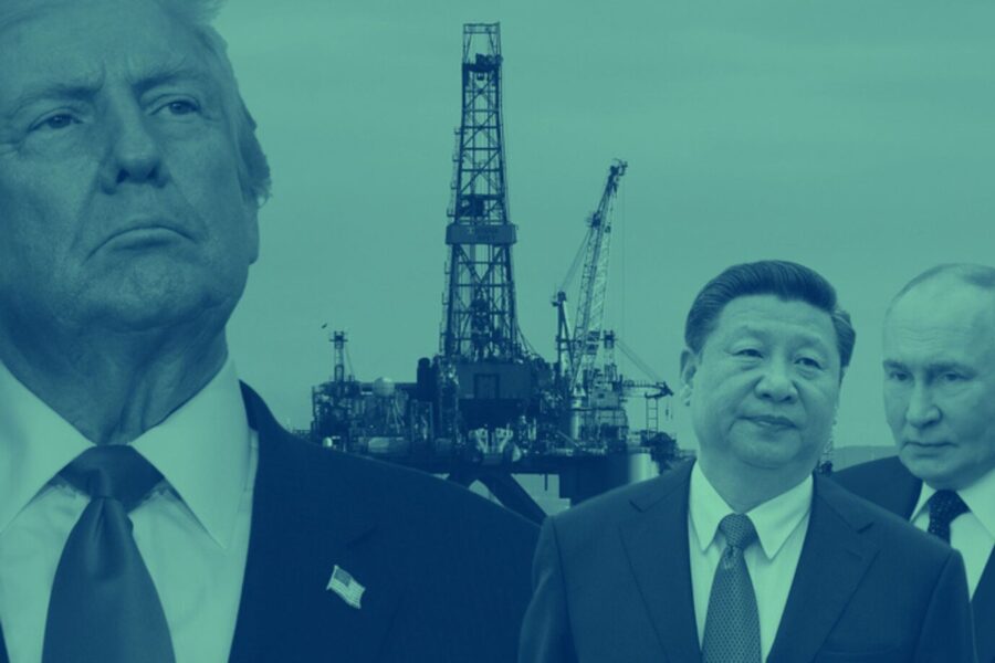 Die Grafik zeigt Donald Trump, Xi Jinping und Wladimir Putin vor einer Bohrinsel. Es ist ein Symbolbild für Rohstoffe.
