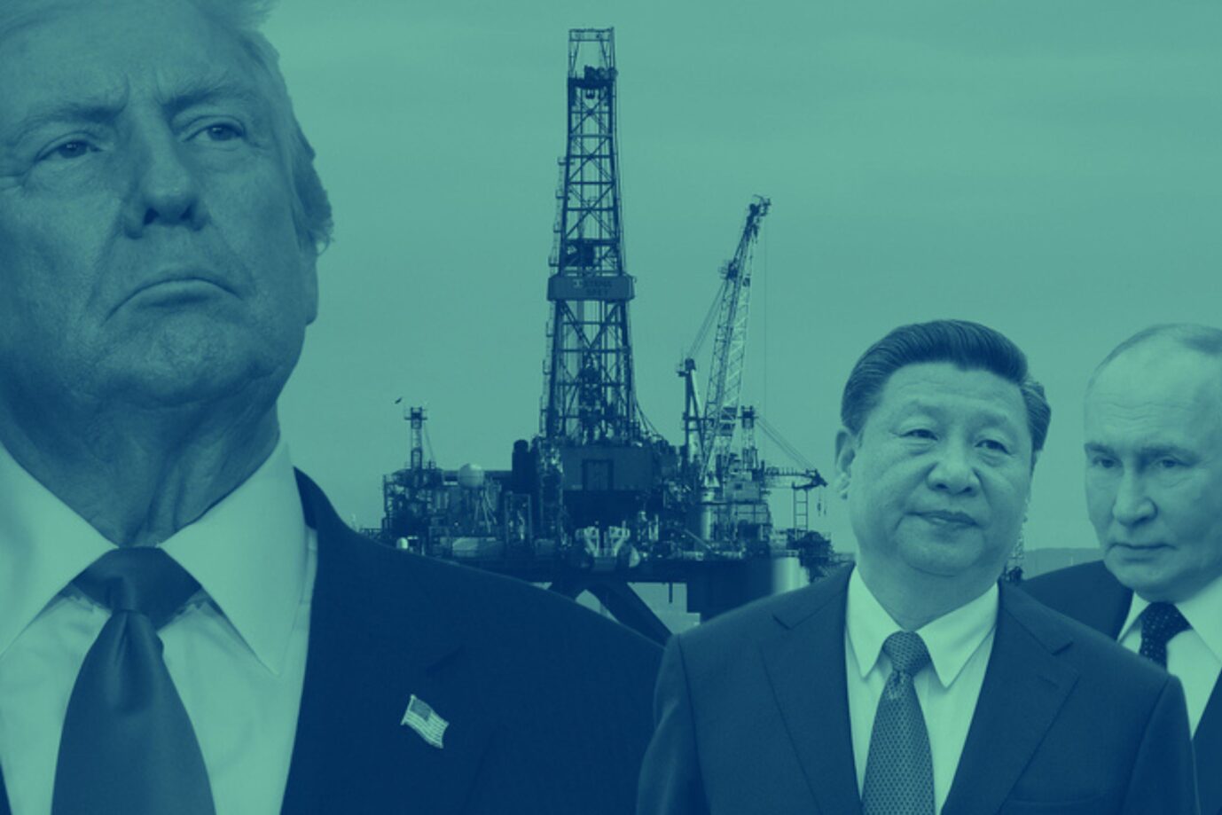 Die Grafik zeigt Donald Trump, Xi Jinping und Wladimir Putin vor einer Bohrinsel. Es ist ein Symbolbild für Rohstoffe.