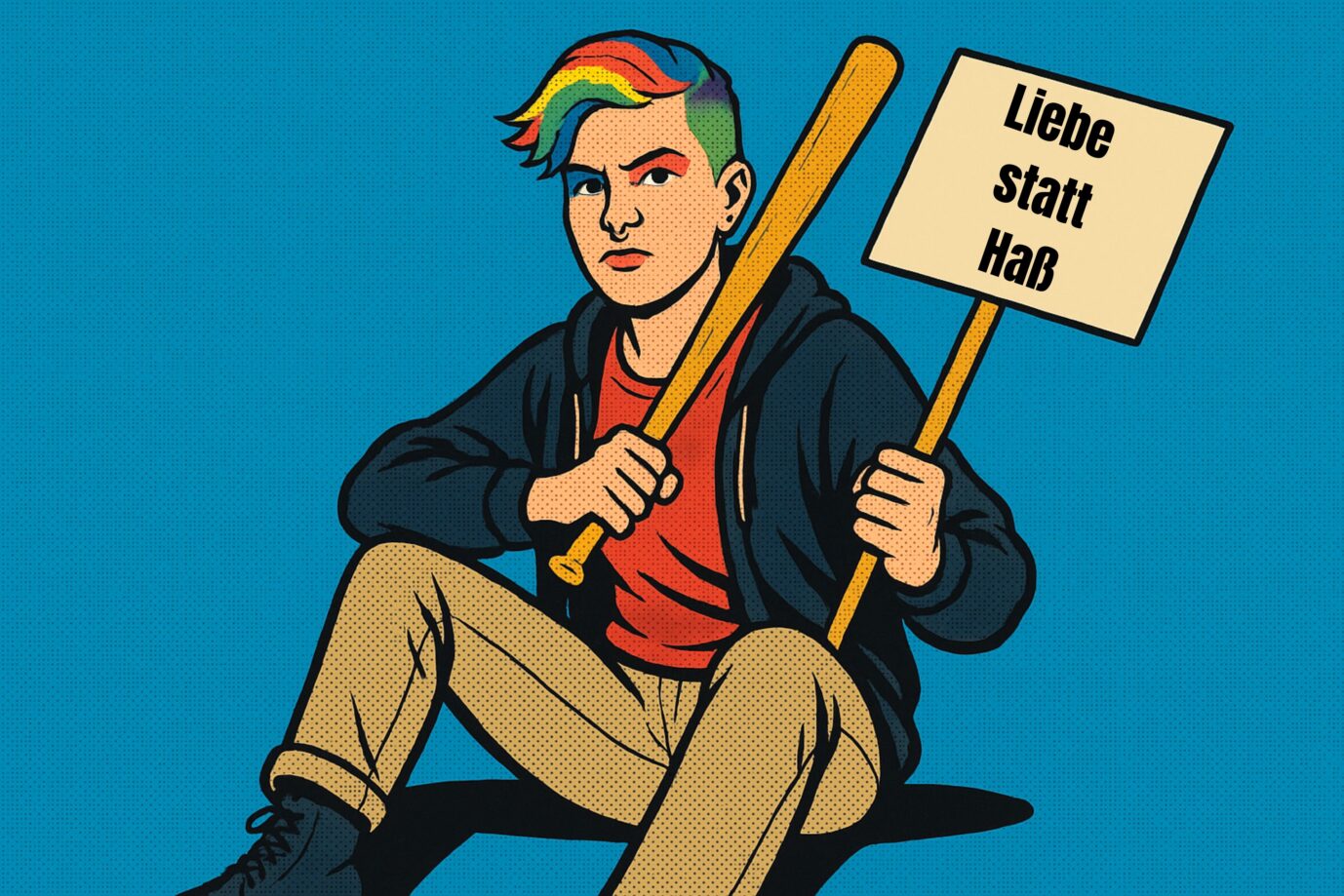Das Bild zeigt eine Linksradikale mit einem Baseballschläger und einem Protestschild. Es ist ein Symbolbild für den gesellschaftlichen Diskurs über Moral.