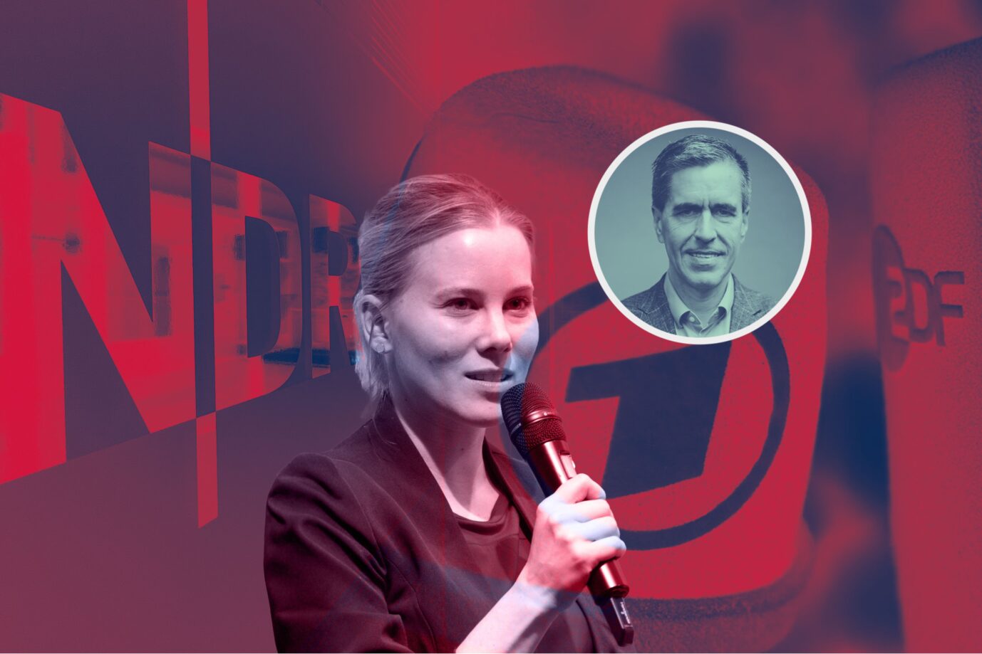Moderatorin Julia Ruhs spricht, im Hintergrund NDR-Logo sowie Mikrofone von ARD und ZDF, alle rot eingefärbt. In einem Kreis darüber erscheint JF-Chefredakteur Dieter Stein, türkis eingefärbt. Montage zur Darstellung medialer Konfrontation. Moderatorin Julia Ruhs: Ihre Absetzung zeigt den politisch gesteuerten Druck im öffentlich-rechtlichen Rundfunk. Foto: Kiril Singer/JF; verw. Bilder: picture alliance/dpa | Thomas Eisenkrätzer, picture alliance / dts-Agentur | -, dpa/ Peter Kneffel