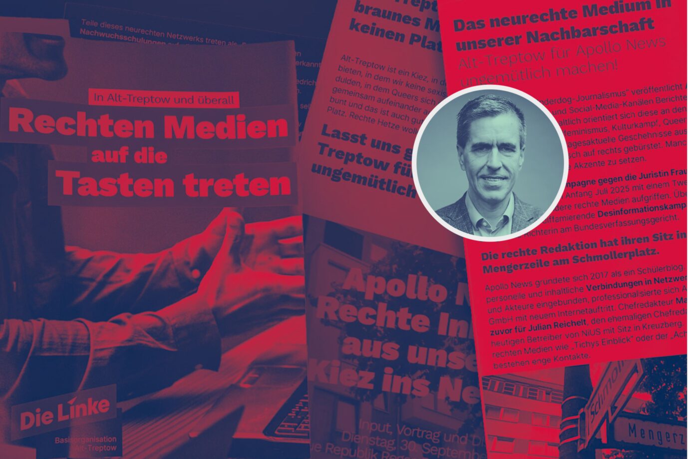 Mehrere rote Flugblätter mit Aufrufen gegen rechte Medien liegen übereinander. Im Vordergrund steht ein Plakat mit der Aufschrift „Rechten Medien auf die Tasten treten“, herausgegeben von der Linkspartei in Alt-Treptow. In einem Kreis darüber ist JF-Chefredakteur Dieter Stein zu sehen. Kontext: Die Linkspartei mobilisiert in Berlin-Treptow gegen das Portal Apollo News, unterstützt von einer staatlich geförderten Stiftung; die JF kommentiert dies als Beispiel für ausbleibende Empörung und fordert Solidarität. Flugblätter der Linkspartei in Berlin-Treptow hetzen gegen rechte Medien: Wieder bleibt der Aufschrei aus. Foto: Kirill Singer/JF; verw. Bild: Apollo News