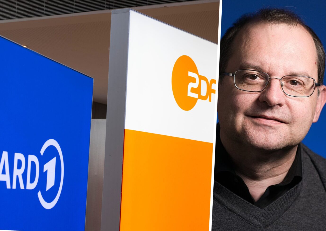 Logos von ARD und ZDF, ÖRR-Kritiker und Journalist Peter Welchering. Fotos: picture alliance/dpa | Boris Rössler & Wikimedia
