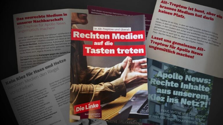 Mehrere Flugblätter mit der Aufschrift „Rechten Medien auf die Tasten treten“ liegen nebeneinander. Broschüren der Linkspartei Berlin rufen zu Aktionen gegen das Nachrichtenportal Apollo News auf. Flugblätter der Berliner Linkspartei gegen Apollo News: Während konservative und ausländische Medien reagierten, blieb es in linksliberalen Redaktionen und Journalisten still. Foto: Apollo News