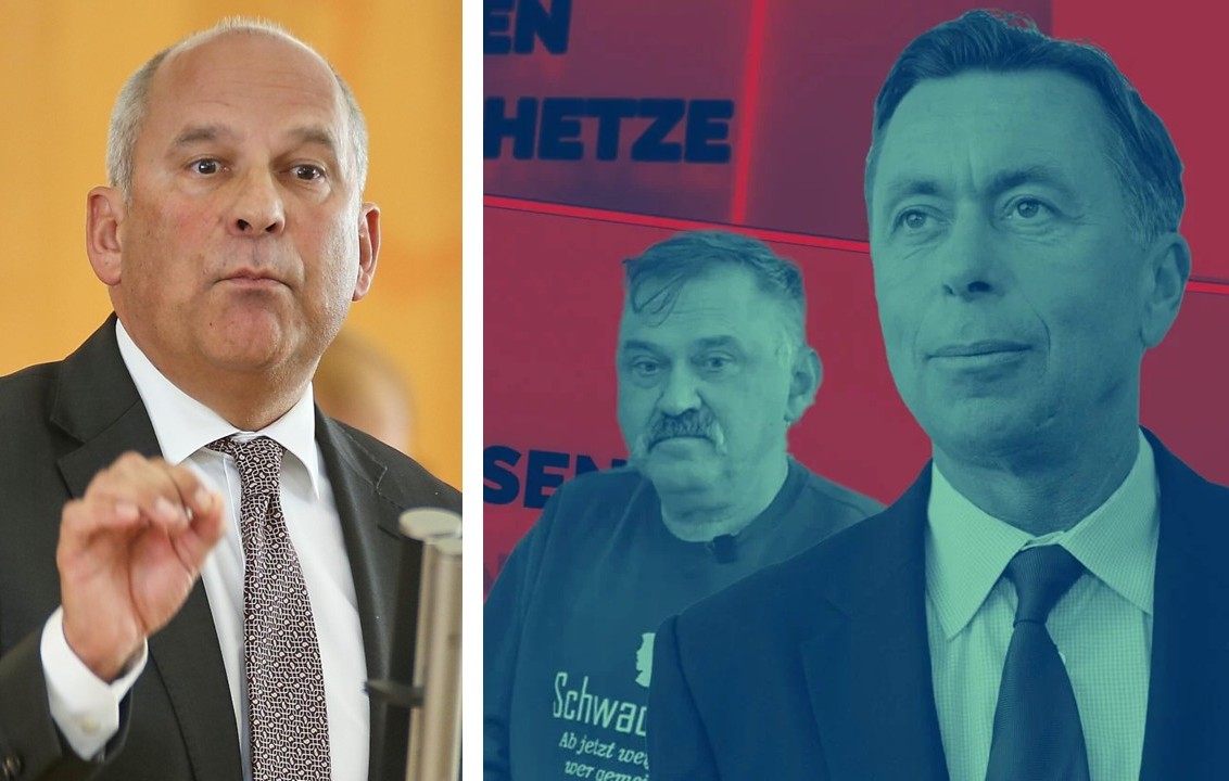 Hessens Innenminister Roman Poseck und die „Hessen gegen Hetze“-Opfer und Stefan Niehoff (l.) und Norbert Bolz.