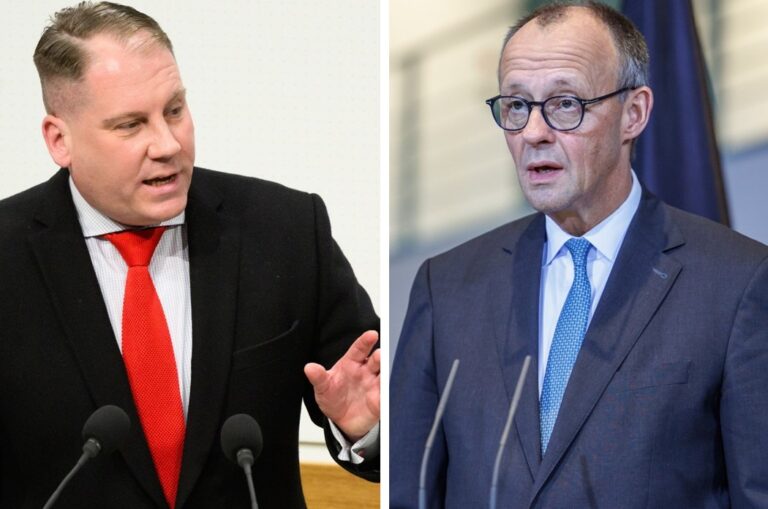 Rassismus? Der niedersächsische AfD-Abgeordnete Peer Lilienthal (links) und Bundeskanzler Friedrich Merz (CDU).