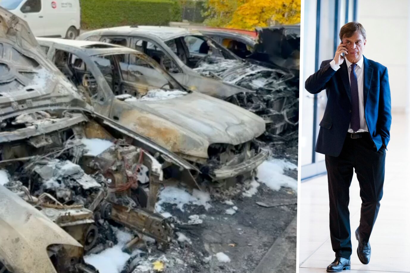 Zerstörte Autos vor dem Haus von AfD-Politiker Baumann (l.): Polizei ermittelt nach mutmaßlichem Brandanschlag. Fotos: Privat ///picture alliance / Geisler-Fotopress | Bernd Elmenthaler/Geisler-Fotopr