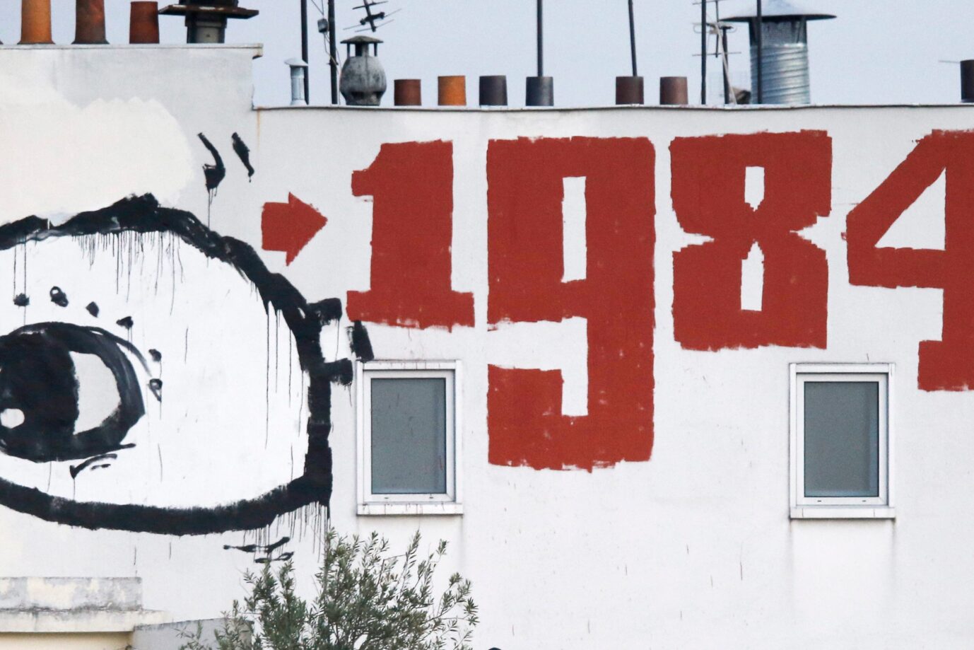 Das Bild zeigt eine Hauswand, auf der „1984“ gemalt ist. Es ist ein Symbolbild für einen Text zu einem Buch über bunten Totalitarismus.